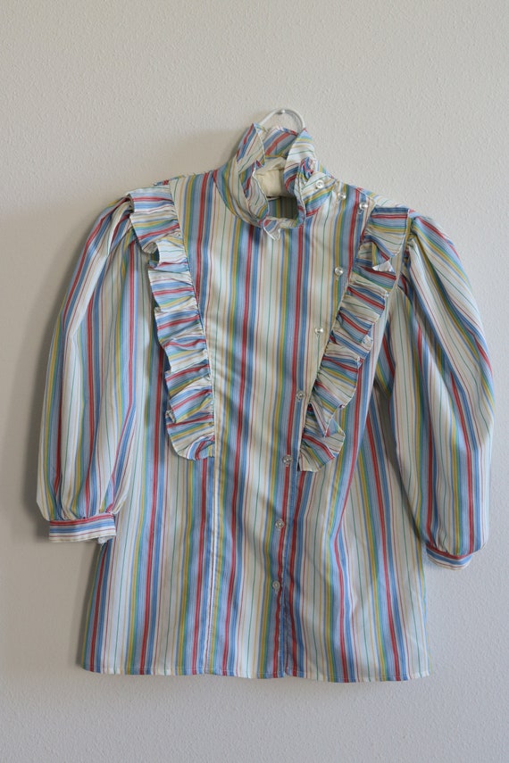 70s 80s Striped Girly Ruffle Collar Blouse Shirt … - image 1