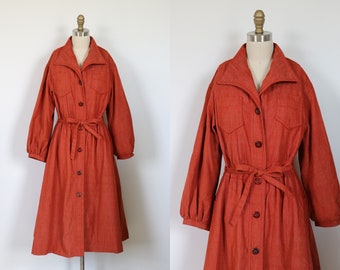 Trench Coat 1970s Belted Wrap Coat Denim Orange Red Russet Color Lined Pockets Princess Cut