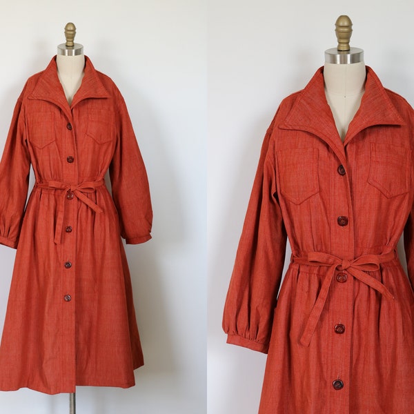 Trench-coat ceinturé des années 1970, couleur denim, orange, rouge rusé, poches doublées, coupe princesse