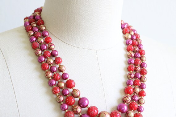 Hot Pink Red and Gold Multi Strand Necklace Vinta… - image 5