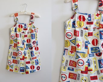 Vintage Thermo-Jac Cotton Bib Overalls Shorts Road Sign Print 1980s