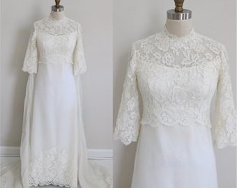 1960s Lace Wedding Gown: Silk Chiffon A-Line, Band Collar - Miligrim Designer