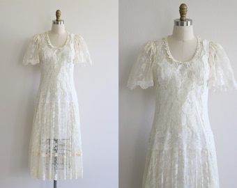 Romantic Lace Dress 1980s Cottage Core Lolita Flapper Dress Off White Lace Dress Size Small S