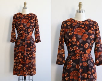 1960s Dress Sheath Wiggle Dress Three Quarter Sleeves Brown Floral Print Dress