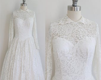 1950s Lace Tea Length Wedding Gown: Pearl Beaded Collar, Long Sleeves