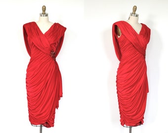 Red Dress Draped Sequin Beaded Accent Vintage 1980s Disco Dress Sexy Red Dress Hobbled Slinky Dress