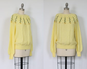 Yellow Sweater with Embroidered Flowers Pullover 1960s Grandma Knit