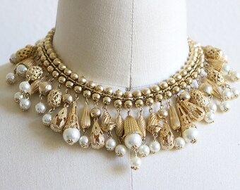 Vintage Bib Dangle Pearls Necklace Mid Century Gold Beaded Necklace 1960s