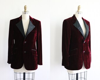 Vintage 1970's Tuxedo Jacket Burgundy Red Velvet Jacket Unisex Women's Men's Size 34 Short Small