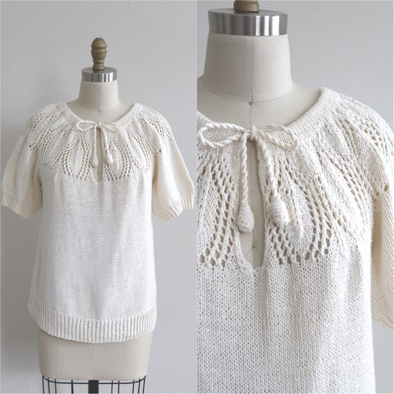 Knit Crochet Top Knit Sweater Blouse Natural White Vintage 1970s Hand Knit