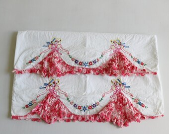 Pink Embroidery Crochet Pillowcases Cottage Core Shabby Chic Pink Pillowcases Set of 2 A Pair Vintage Cotton