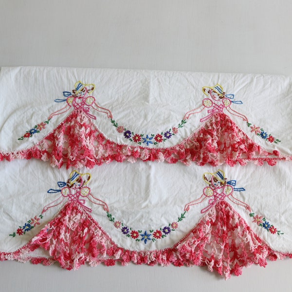 Pink Embroidery Crochet Pillowcases Cottage Core Shabby Chic Pink Pillowcases Set of 2 A Pair Vintage Cotton