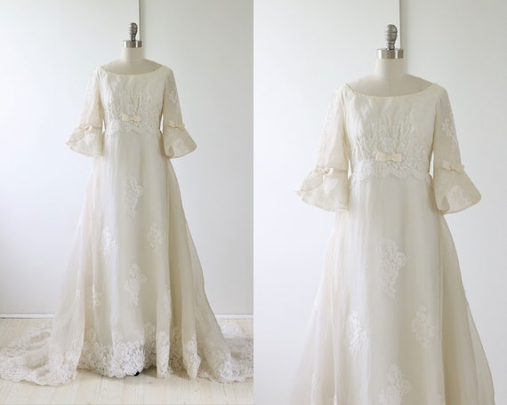 Vintage Wedding Dress 1960s Lace Chiffon Bell Slee
