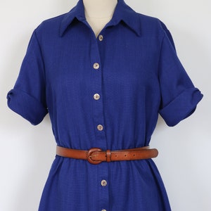 Blue Dress Button Down Midi Day Dress Short Sleeves Secretary Dress Shirtwaist Dress Elastic Waist image 7