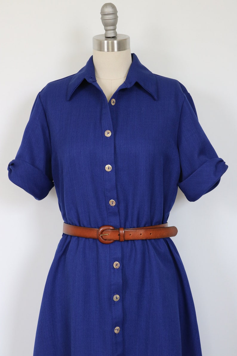 Blue Dress Button Down Midi Day Dress Short Sleeves Secretary Dress Shirtwaist Dress Elastic Waist image 7