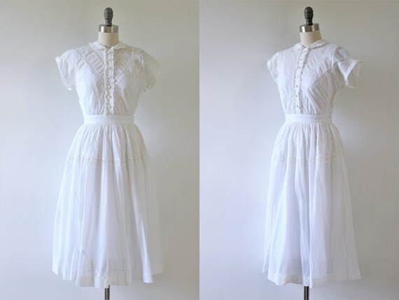 1940s White Dress Cotton Ruffles and Lace