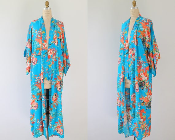 Japanese Kimono Robe Blue Boho Bohemian Festival A