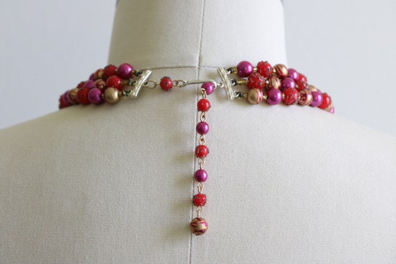 Hot Pink Red and Gold Multi Strand Necklace Vinta… - image 2