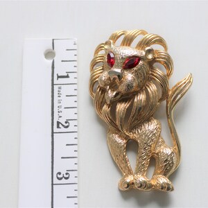 Lion Animal Figural Brooch Pin Gold Tone with Red Eyes Large Statement Piece Size image 4