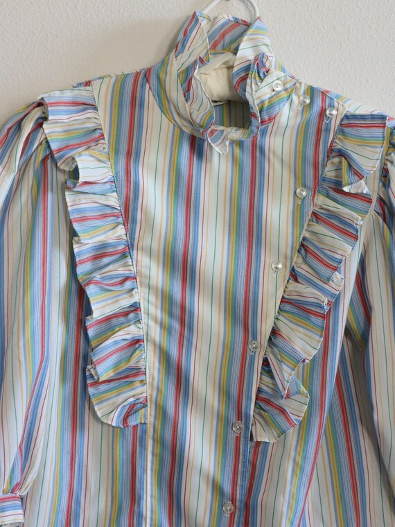 70s 80s Striped Girly Ruffle Collar Blouse Shirt … - image 2