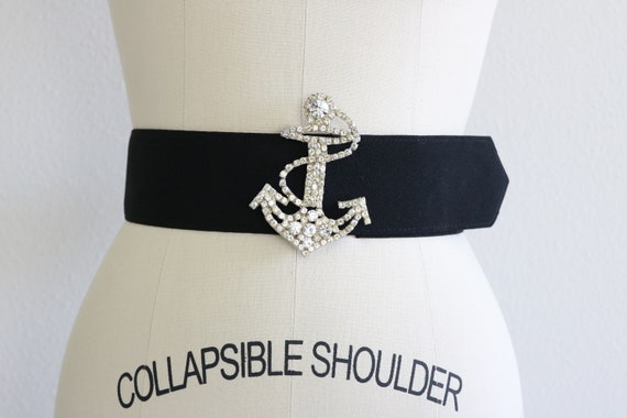 Black Wide Cinch Belt with Rhinestone Anchor Buck… - image 2