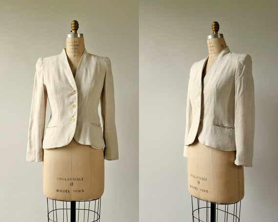 Womens Linen Blazer Nipped Waist Oatmeal
