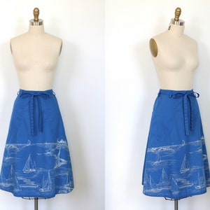 Blue Wrap Skirt Vintage 1980s Cotton Midi Length A Line Sailboat Scene
