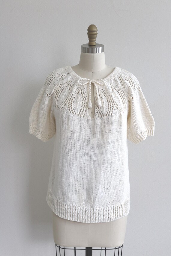 Knit Crochet Top Knit Sweater Blouse Natural White Vintage 1970s Hand Knit View 2