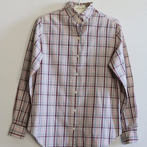 70s 80s Plaid Girly Ruffle Collar Blouse Shirt Country Girl Prairie Button Up Sleeves Cotton Purple Blue