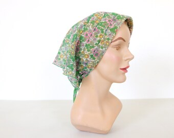Pink Green Head Scarf Kerchief Hat Bandana Quilted Turban Wrap Jackie O Vintage 1960s Floral Print