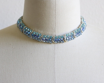 Lisner Necklace Choker Blue AB Rhinestone Bridal Jewelry Necklace Midcentury 1960s Signed