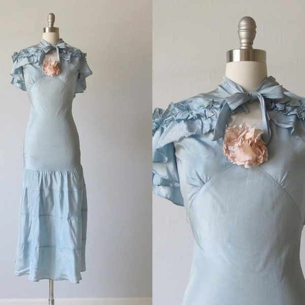 1930s Dress / 30s Bias Cut Dress with Cape / Blue 1930s Dress / Delightful Duet