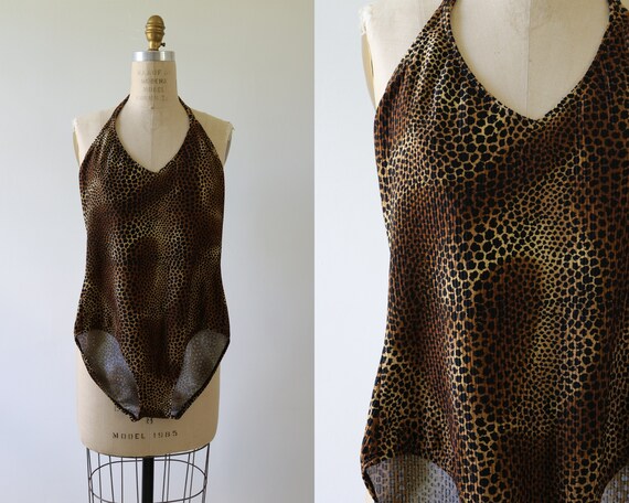 1980s Leotard Swimsuit Leopard Print Bodysuit One