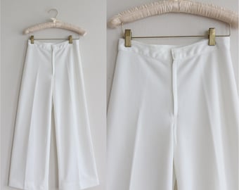 Vintage 1970s White Wide Leg Pants 70s Flared Trousers Slacks High Waisted Trousers Bell Bottoms