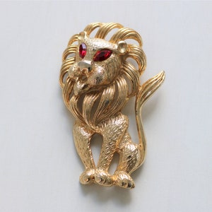 Lion Animal Figural Brooch Pin Gold Tone with Red Eyes Large Statement Piece Size image 1