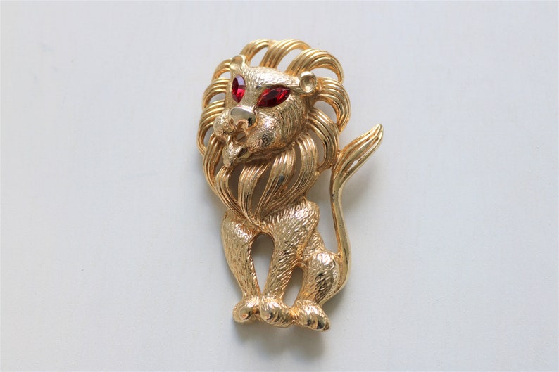 Lion Animal Figural Brooch Pin Gold Tone with Red Eyes Large Statement Piece Size image 1