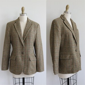 Blazer da donna vintage Ralph Lauren in tweed di lana con motivo pied de poule, anni '90, bottoni a testa di cavallo, taglia 6