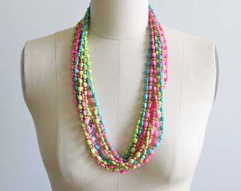 Blue Green Pink Multi Strand Necklace Vintage Extra Long