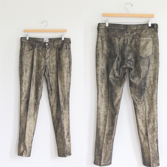 Reiss, 1971 Reiss Gold Metallic Jeans Pants Ankle Zippers Size 12 UK 8 US Sparkle Tapered Dark Gold