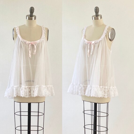 White Baby Doll Nightgown Chiffon Ruffles Lace Bab