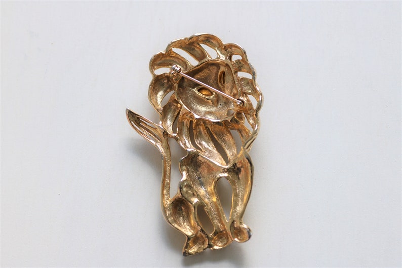 Lion Animal Figural Brooch Pin Gold Tone with Red Eyes Large Statement Piece Size image 3