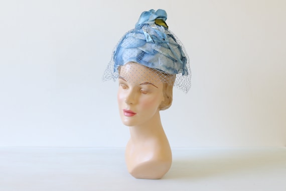 Blue Hat Toque Floral Fascinator Hat 1950s