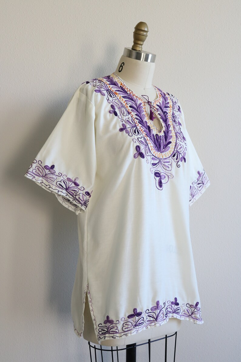 Vintage Peasant Blouse Purple Embroidered Cotton Hungarian Short Sleeve image 3