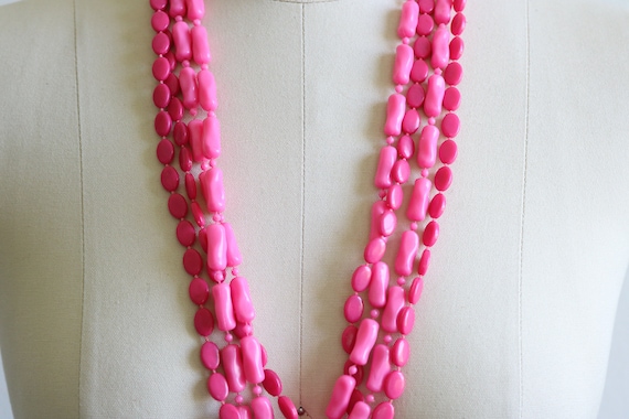 Hot Pink Multi Strand Necklace Vintage 1950s Mult… - image 3