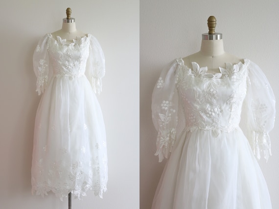 1980s Wedding Dress Tea Ballerina Length Puffy Sl… - image 1
