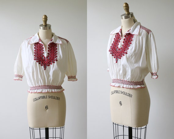 Peasant Blouse Hungarian 1940s Embroidered Smocked