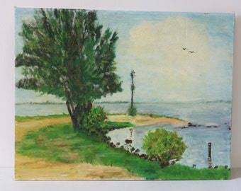 Vintage Original Oil Painting Board Unframed Beach Lake Water Landscape Cottage Core Gallery Wall Art 14 x 18