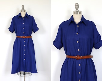 Blue Dress Button Down Midi Day Dress Short Sleeves Secretary Dress Shirtwaist Dress Elastic Waist