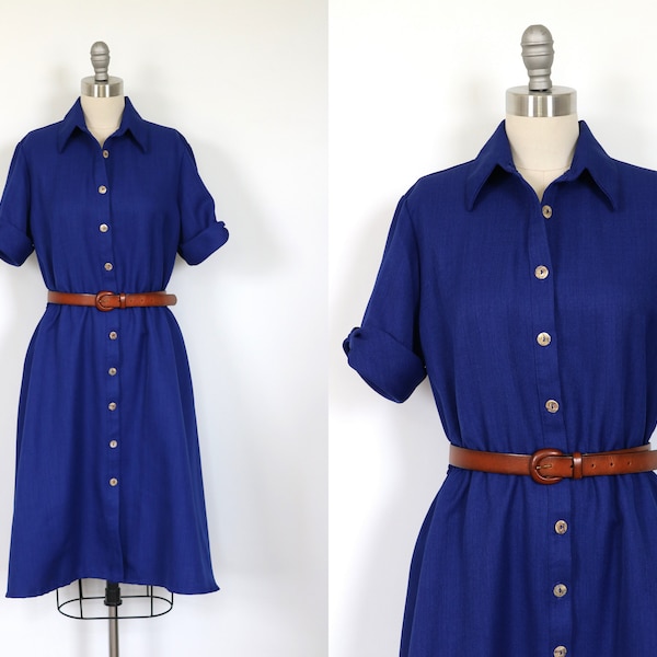 Blue Dress Button Down Midi Day Dress Short Sleeves Secretary Dress Shirtwaist Dress Elastic Waist