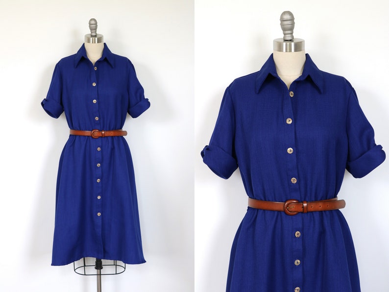 Blue Dress Button Down Midi Day Dress Short Sleeves Secretary Dress Shirtwaist Dress Elastic Waist image 1